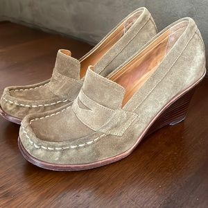 Olive suede wedge, loafers Kors by Michael Kors.